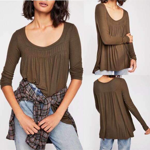 We The Free People Love Valley Long Sleeve High Low Top In Olive Green - Picture 1 of 12